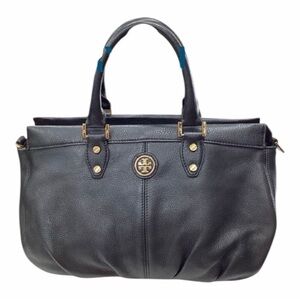 Tory Burch Black Pebbled Leather Satchel Tote – Gold Hardware – Classic Logo